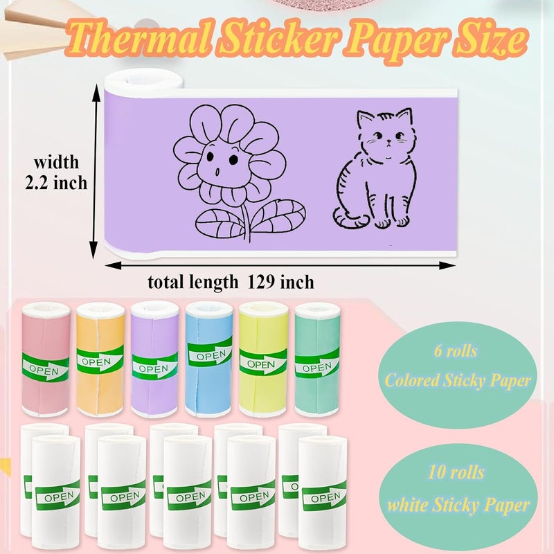 OMGFUNAA 16 Rolls Self-Adhesive Mini Printer Sticker Paper - 10 White & 6 Vibrant Colors for M02/T02 Printers (Remove Inner Paper Holder), Thermal Sticker Paper Continious Labels for Study Notes & Scrapbooking - Image 2